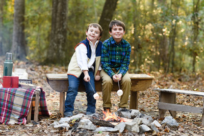 Beautiful Mississippi Children's Photography: Brother's sit around campfire roasting marshmallows, campfire session
