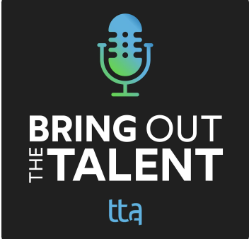 TTA's Bring out the talent podcast logo stylized with blue and green microphone