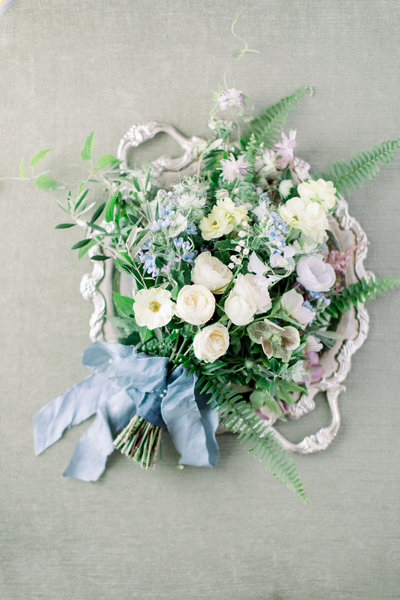 Flat lay of a bridal bouquet for a New England wedding