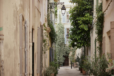 Narrow European alley with tall, aged buildings on either side. The walls are weathered and adorned with greenery and potted plants. A traditional lantern hangs above, and a small flight of steps is visible at the end of the alley.