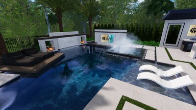 Custom-designed fire and water feature in a luxury modern San Diego backyard.