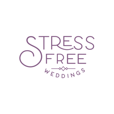 Logo of "Stress Free Weddings" featuring elegant text and a minimalistic design with an intertwined rings symbol, perfect for Des Moines event planning.