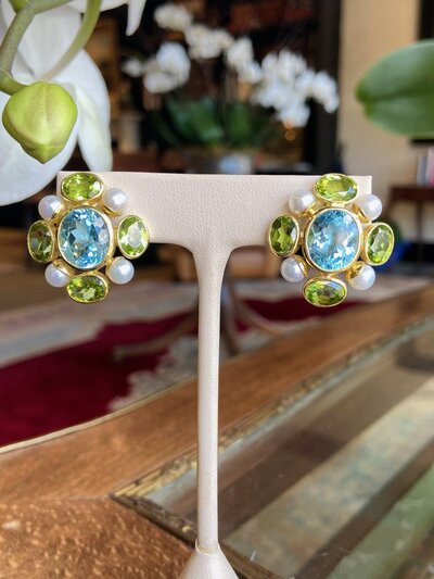 Blue Topaz, Peridot & Fresh Water Pearl earrings
