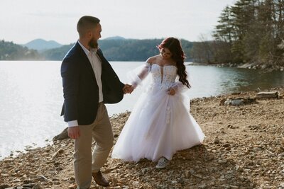 Bride and groom at Lake Glenville in Highlands, North Carolina for their elopement.