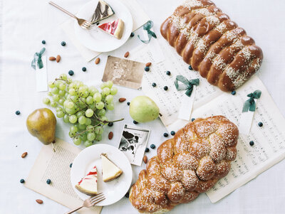 food photography of bread, grapes and dessert