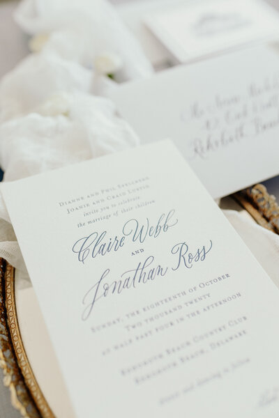 Gold ink custom calligraphy invitation and envelope for wedding