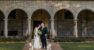 wedding couple with dogs of honor infront of them. Behind them beautiful arches