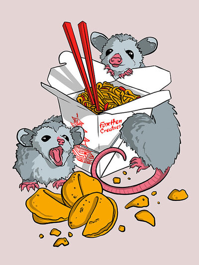 An illustration of two opossums huddled around an open container of lo mein and some fortune cookies