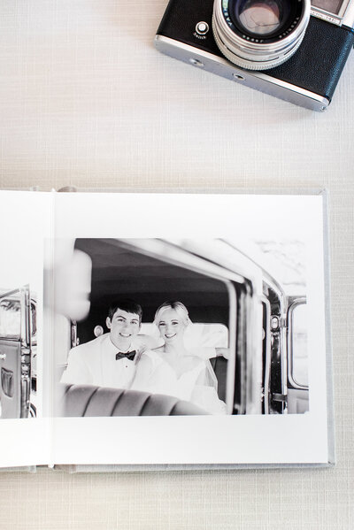 photo album with black and white wedding photo