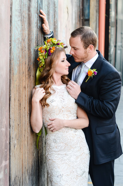 Bride with floral crown in front of Preservation Hall, New Orelans, New Orleans Wedding