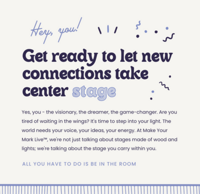 Copywriting sample in rounded bold headline and clean sans-serif body text sets a fun tone for this conference brand by Knoxville agency Liberty Type