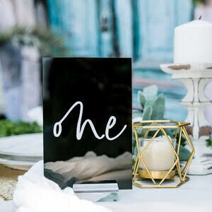 Photo of the Black Acrylic Table Numbers that you can rent for your event/wedding from Unique Melody Events & Design (New England Wedding and Event Planners)