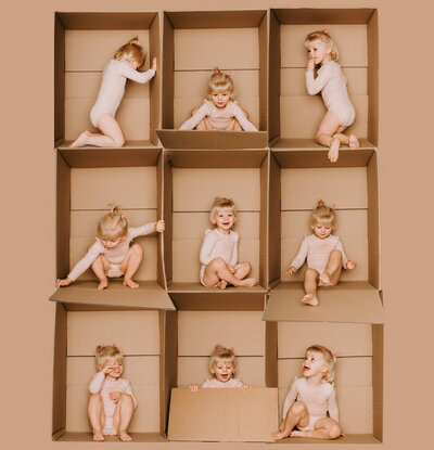 Eine Fotocollage von einem kleinen Mädchen in neun Positionen in einem Karton