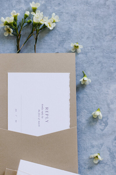 Wedding invite and dainty white flowers on a blue-gray textured background.