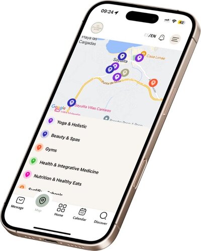 Mobile preview of the EnForma App showing Interactive map with links to Google maps