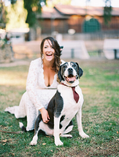 bride poses with dog wearing tie at San Diego wedding