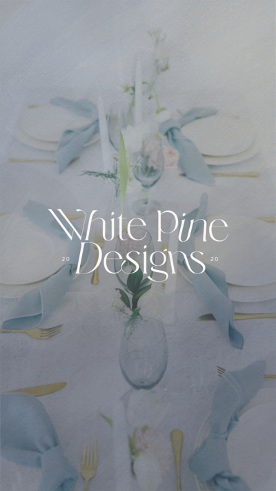 White Pine Designs logo on a transparent image of a wedding table setting