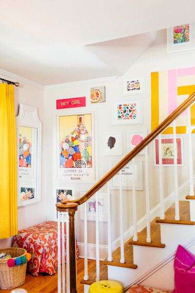 A brightly and colorfully decorated staircase.