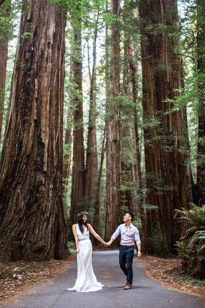 Couple wearing wedding clothes walk down a paved path surrounded by towering redwood trees.