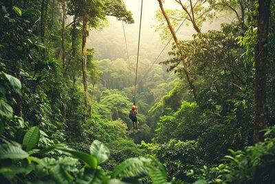 A person ziplining through a lush, dense rainforest. The scene is vibrant with various shades of green from the trees and foliage. Sunlight filters through the canopy, creating a serene and adventurous atmosphere.