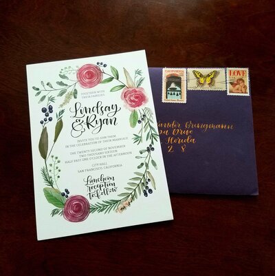 fall wedding purple watercolor flower invitations