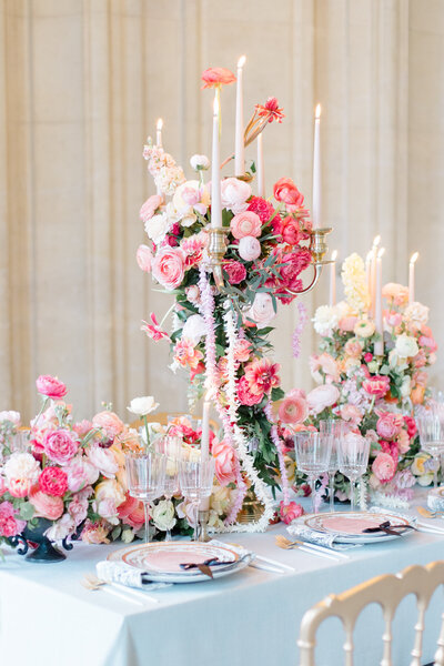 Luxurious florals & table scape at Chateau de Champlatreux wedding photographed by Destination wedding photographer, Brittany Navin Photography.