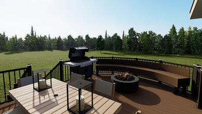 Photorealistic 3D rendering of a curved deck with built-in seating, a fire table, and a grill. 