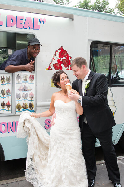 bride & groom eating ice cream
