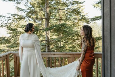 Bride & Maid of Honor with Custom Pant Suit & Cape - Megan & Amber | Hood River Wedding  - LGBTQ Wedding