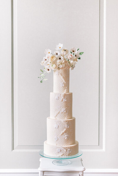 5 tier Ivory floral and lace wedding cake | MonAnnie