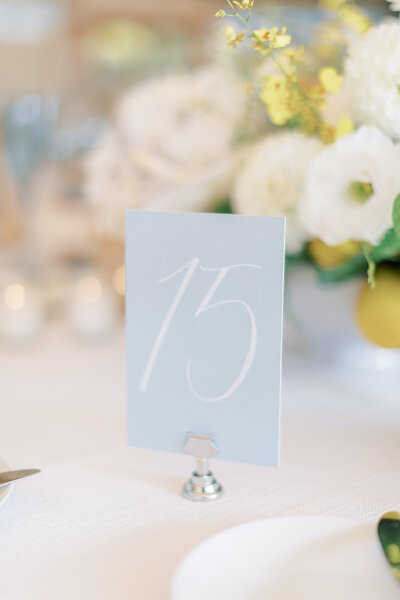 Hand lettered light blue table number for wedding at Castle Hill Inn in Newport, Rhode Island