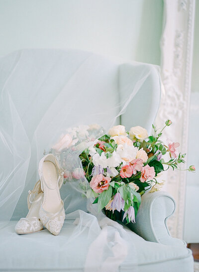 Spring inspired wedding editorial shoot bridal bouquet, shoes and veil at the Merrimon-Wynne in Raleigh, NC