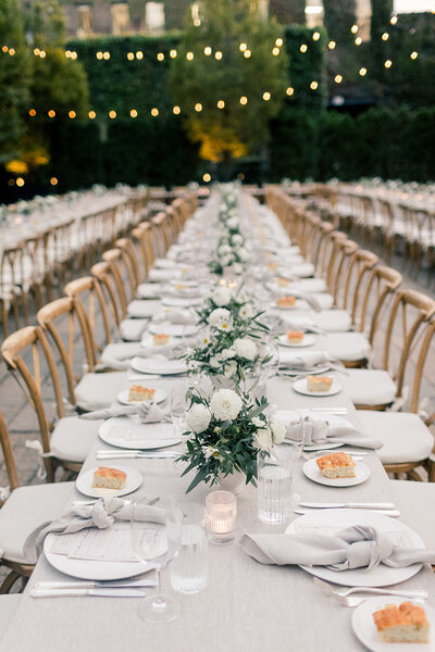 White and green tuscan inspired long reception tables at the Foundry in Long Island City.