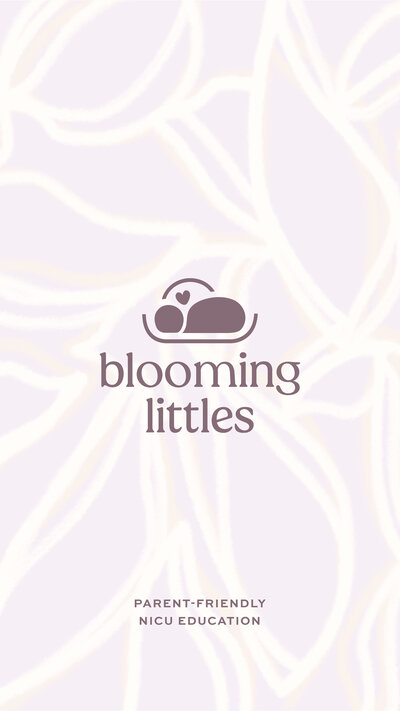 Blooming Littles purple logo on a light purple floral texture background