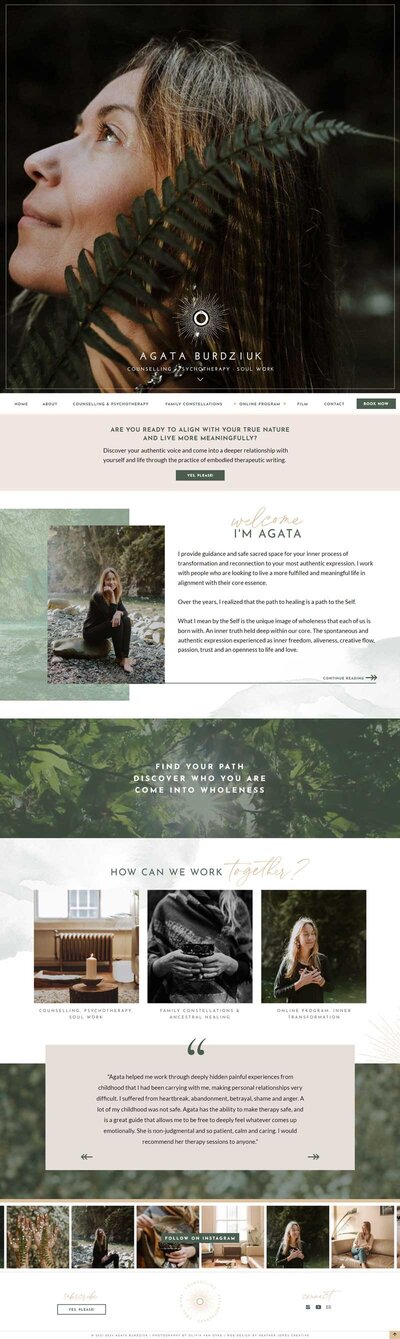 Embark on a path to mental well-being as you navigate through the full homepage of Agata's psychotherapy and counselling website. Designed to nurture growth and resilience by a Showit Web Design expert, this layout harmonizes professionalism with warmth and empathy.