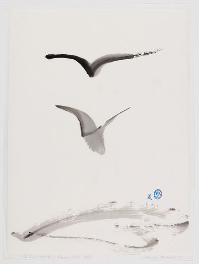 "Love Hawk 1" By Marilyn Wells, Sumi e, abstract, black, ink wash, on white ground
