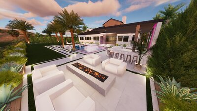 Contemporary outdoor space with a fire feature, lounge seating, and modern pergola with integrated lighting and entertainment system.