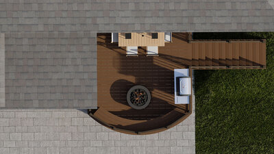 Photorealistic 3D rendering of a top-down view of a deck with a curved side. 