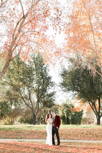 Just married couple poses for photos with fall colors