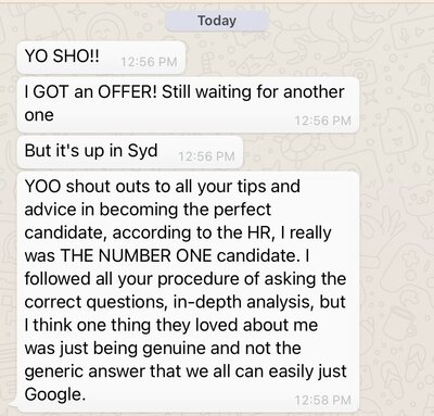 a screenshot of a text message Sho received from a client that they got a job offer