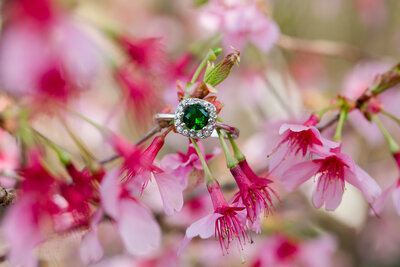 An emerald engagement ring on cherry blossom blooms