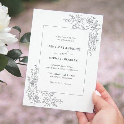 botanical wedding invitation set with fine line peonies