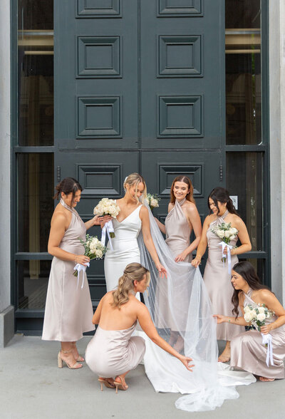 Beautiful Bride and bridesmaids photos taken in Old Montreal for their wedding at Chapiteau le Cardinal 