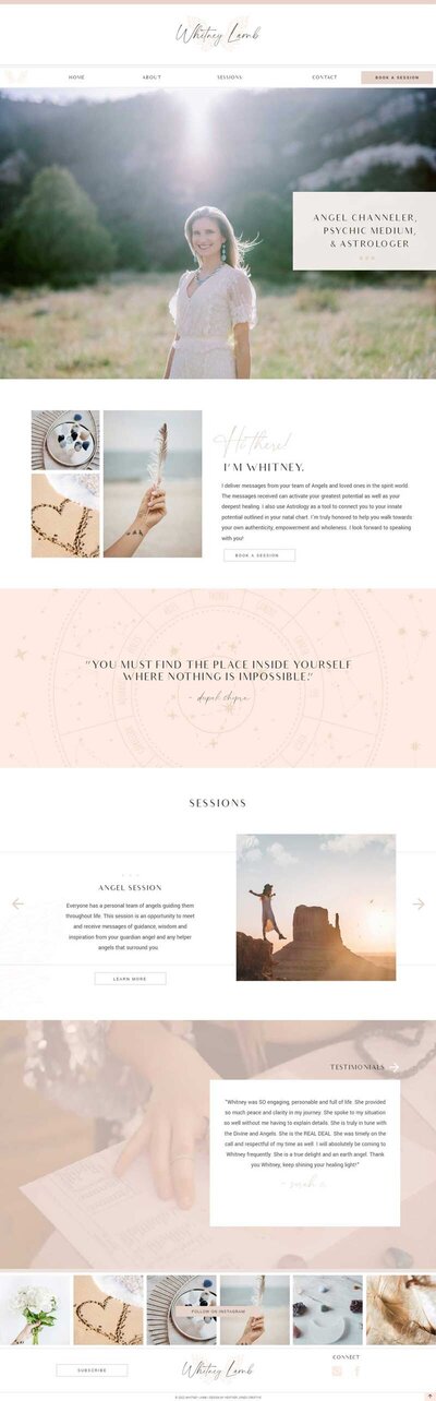 Embark on a journey of spiritual discovery as you explore the full homepage of Whitney's psychic medium website. Designed to captivate by a Showit Web Design expert, this layout harmonizes spirituality with modern aesthetics seamlessly.