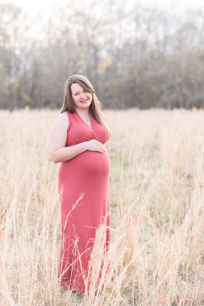 maternity session - long red dress - pregnant - golden field