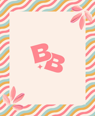 Birdy Beauty monogram logo mark on a cream square on top of a colorful striped background