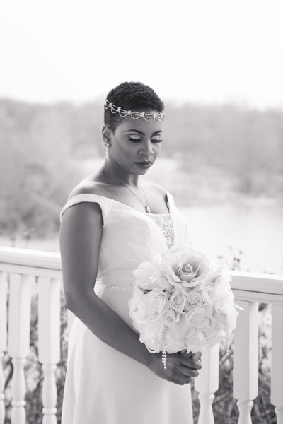 African American Bride Holding Bouquet