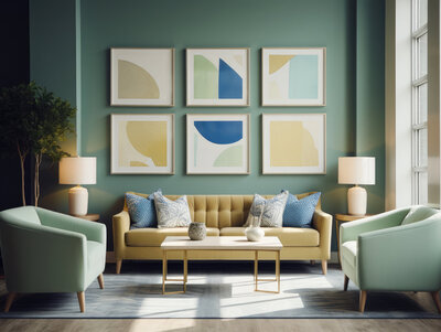 Modern living room with a cohesive color scheme, featuring a sofa, two armchairs, and wall art.
