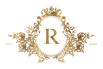 a gold ornate crest logo with the letter r on it