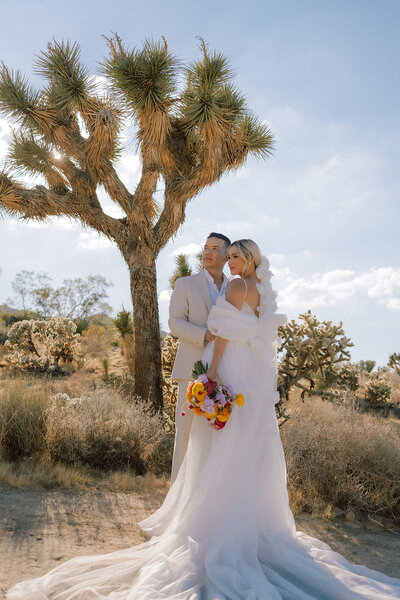 Destination elopement photographer captures couple standing next to a Joshua tree in the desert